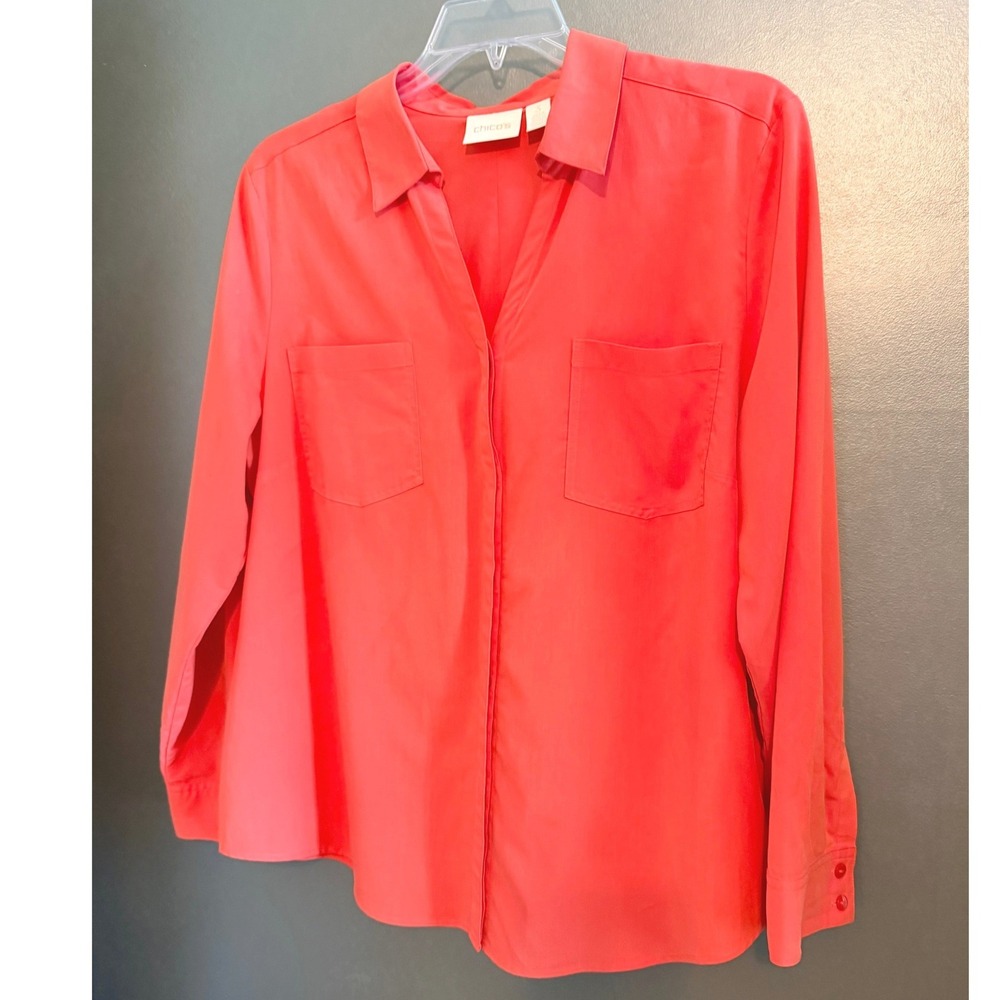 Chico's Button Down Blouse Women Size 3 Orange Red Excellent Long Sleeve Pockets